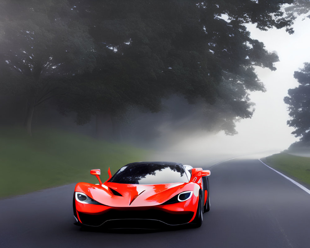 Red Sports Car Driving on Foggy Forest Road