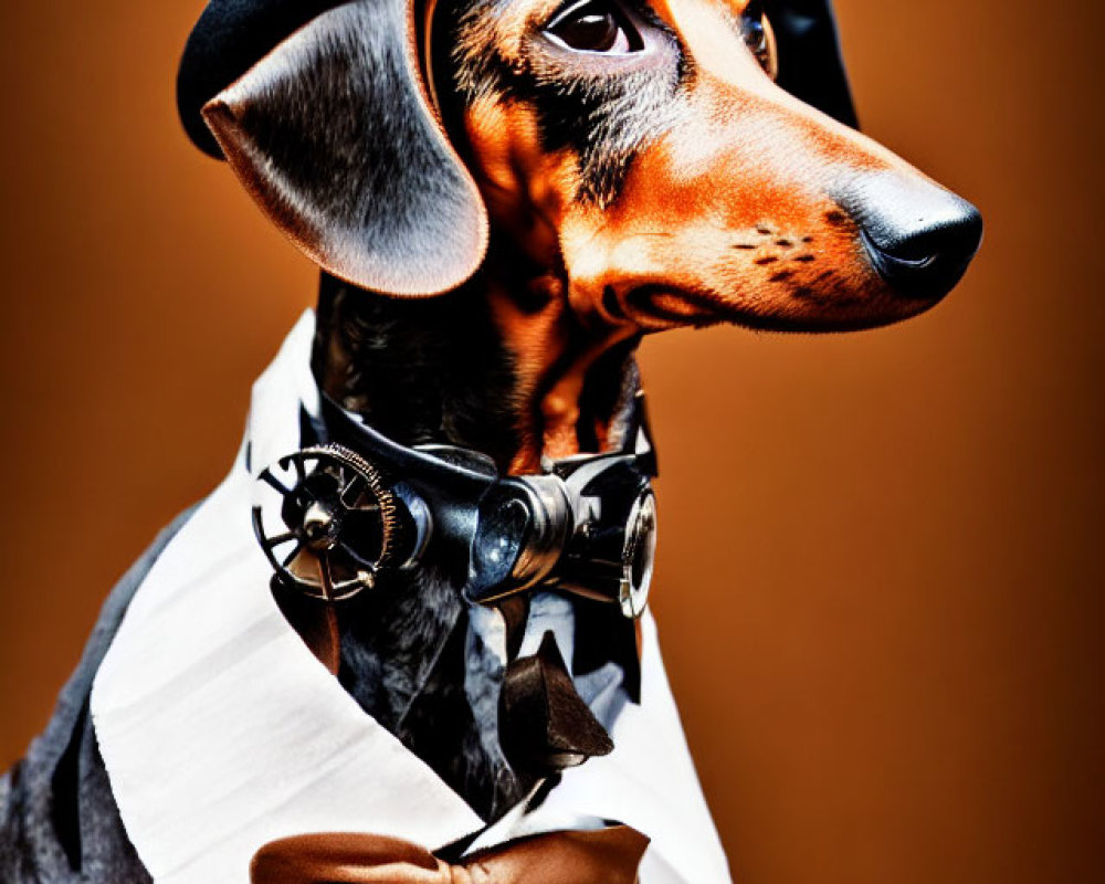 Steampunk Dachshund Dog in Top Hat and Goggles on Orange Background