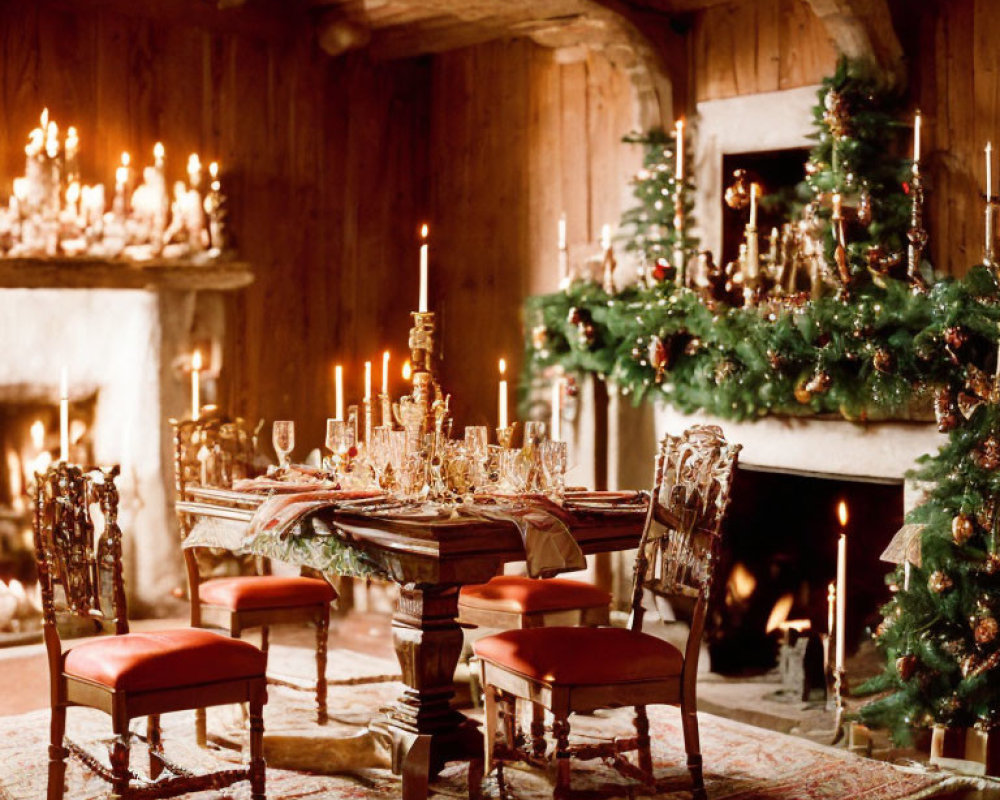 Festively decorated Christmas dining room with fireplace & tree