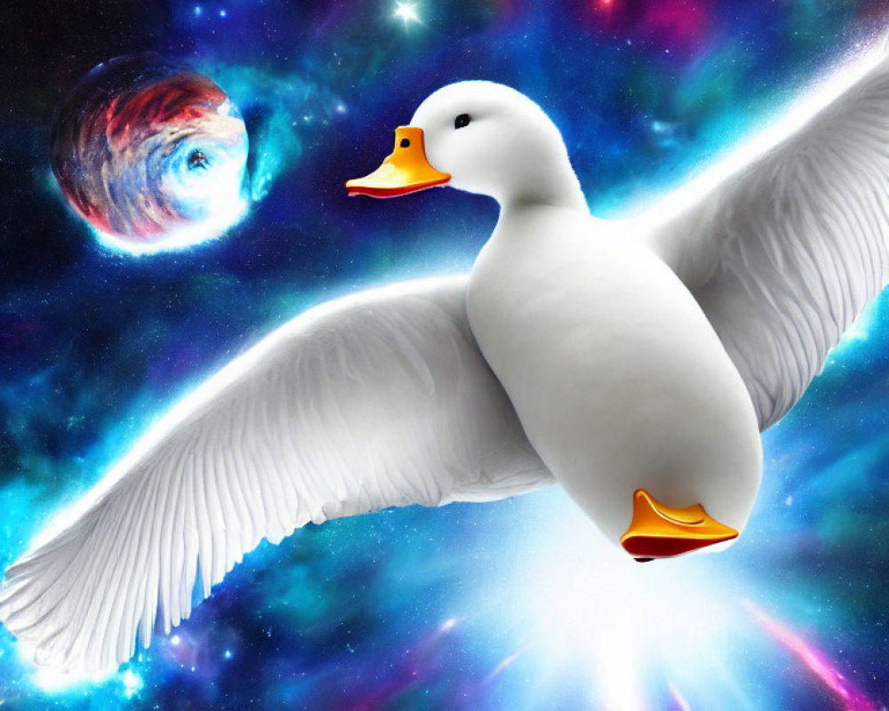 Rubber Duck with Wings in Cosmic Space Background