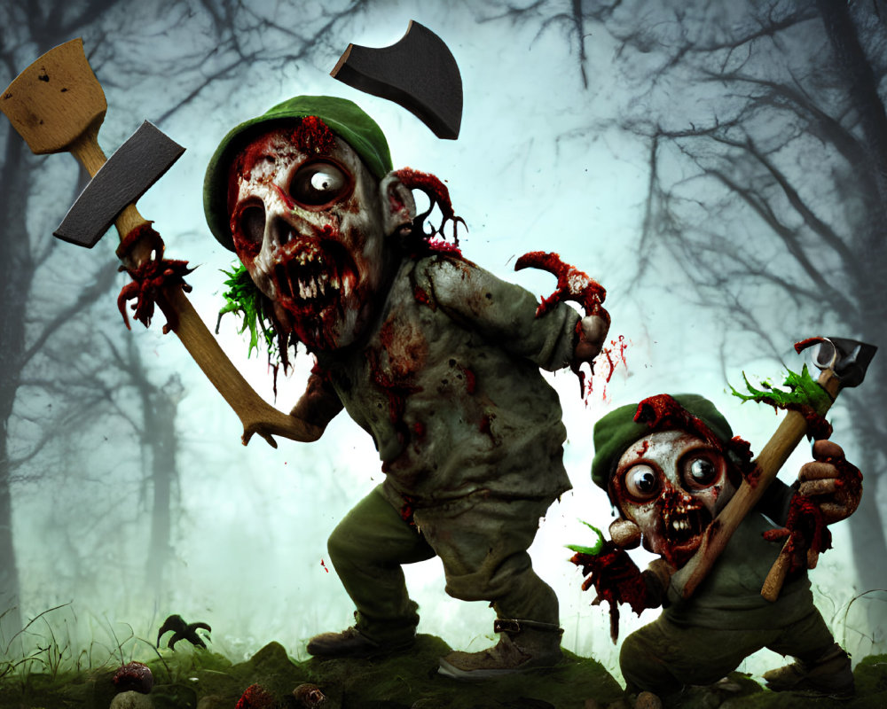 Creepy zombie gardeners in misty forest with axes