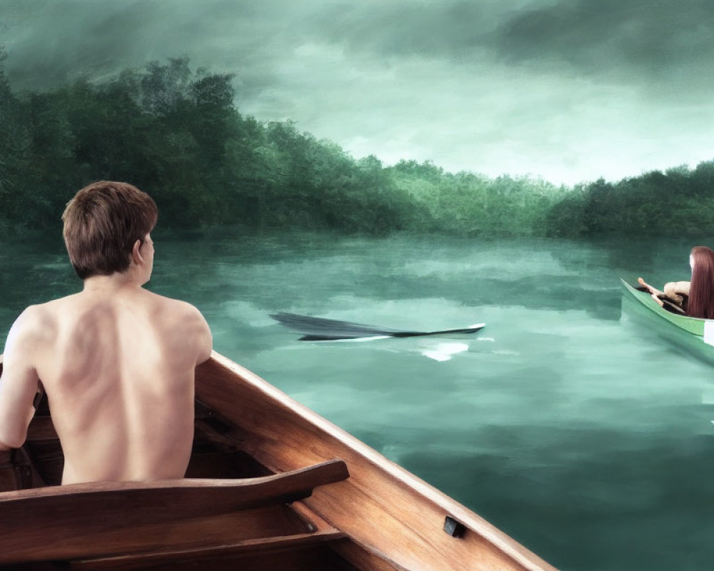 Man in rowboat looks at woman in green kayak on misty river