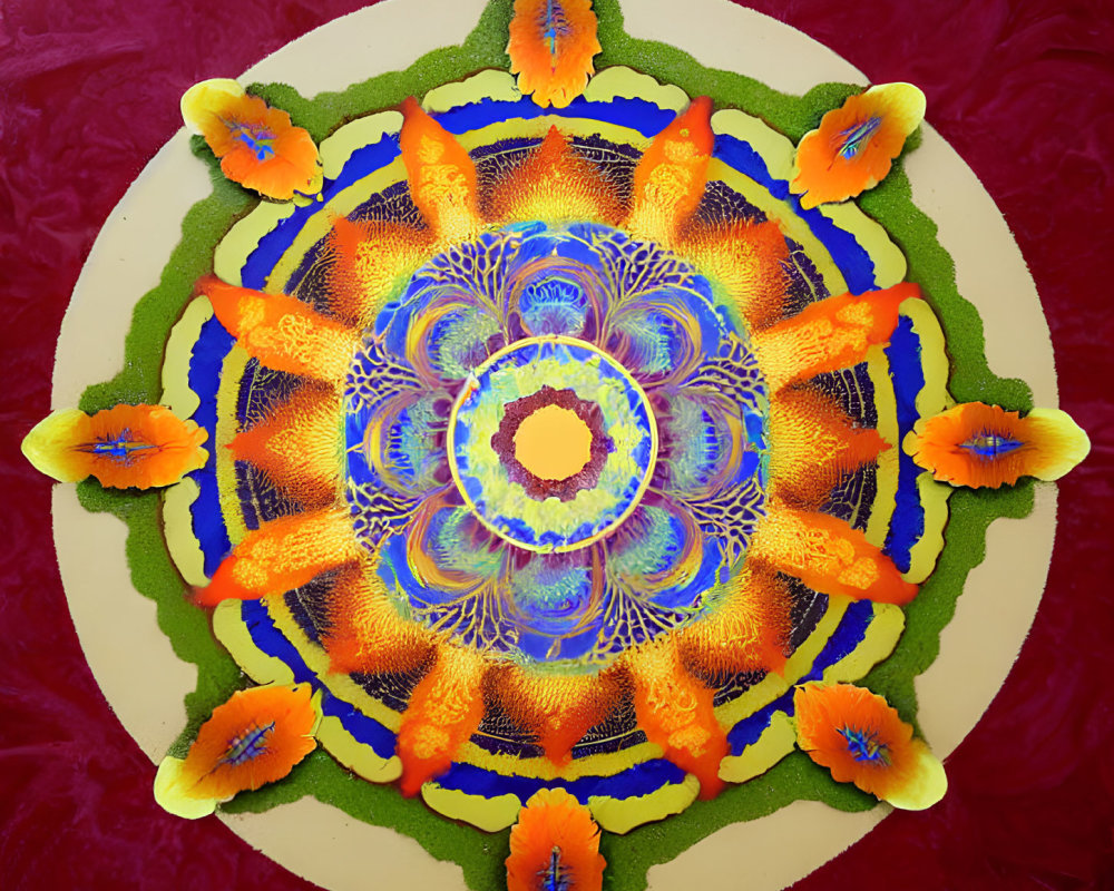 Symmetrical mandala design with blue motif, green patterns, and orange-yellow flowers on red background