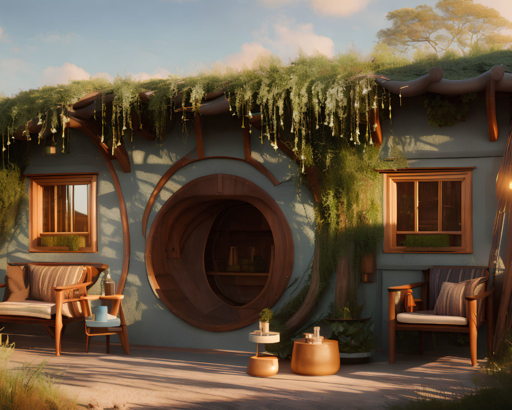 Round door hobbit-style house with greenery and vines at golden hour