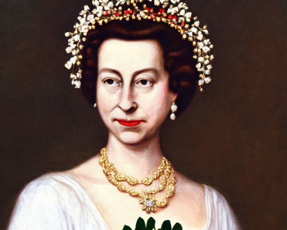 Portrait of Woman with Floral Crown, Pearl Earrings, Gold Necklace, and White Dress Holding Greenery