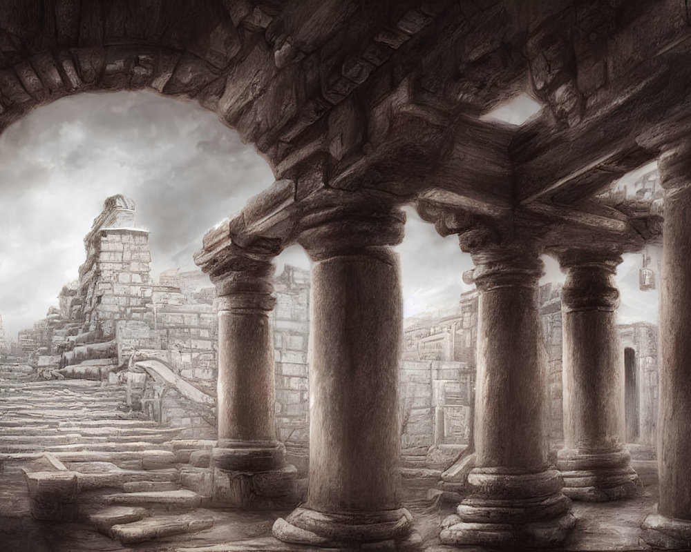 Monochrome illustration of mystical ancient city with stone columns and winding stairway.