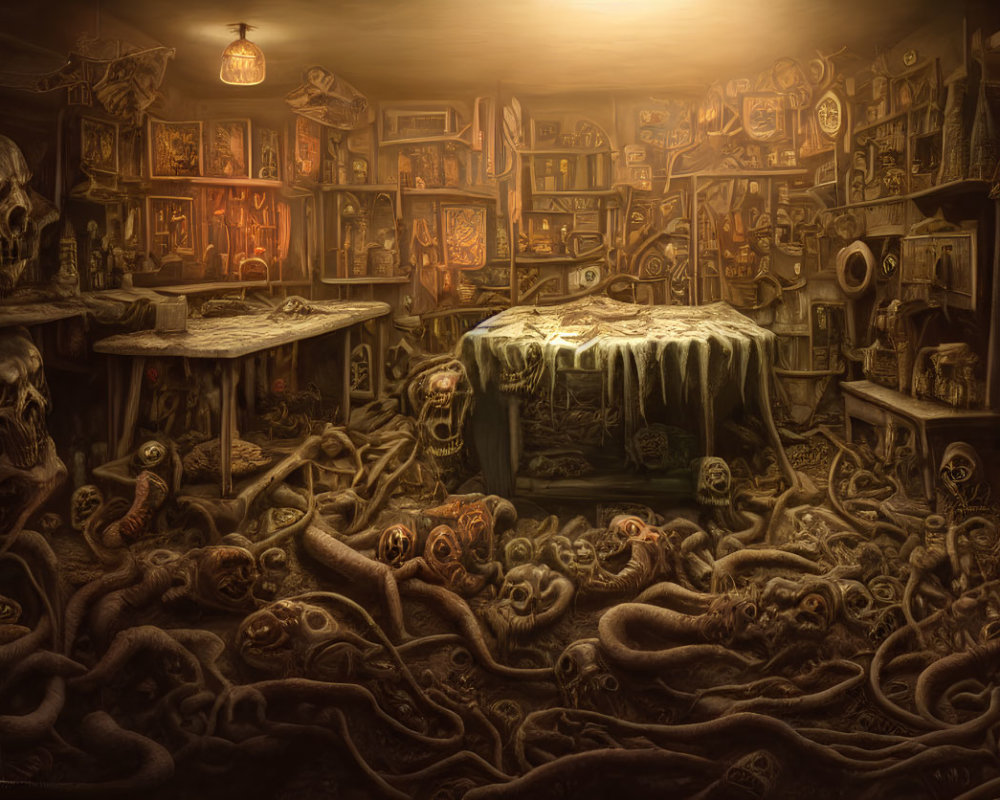 Dark, Skull-filled Room with Tentacles and Ancient Artifacts