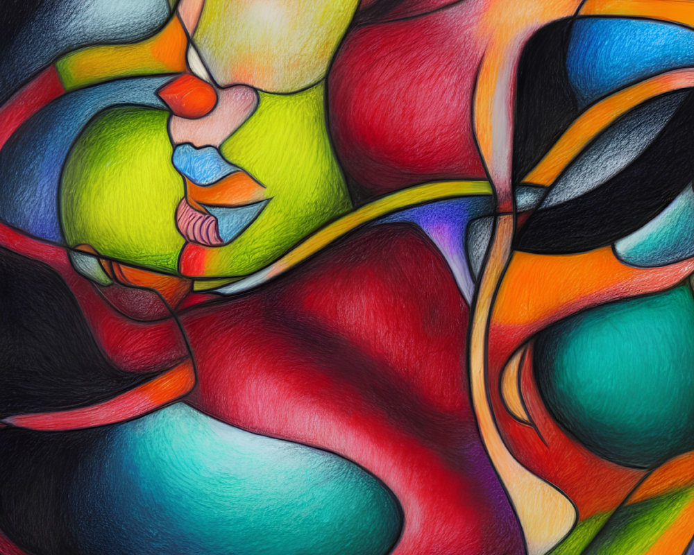 Vibrant abstract art with interlocking shapes and expressive face.