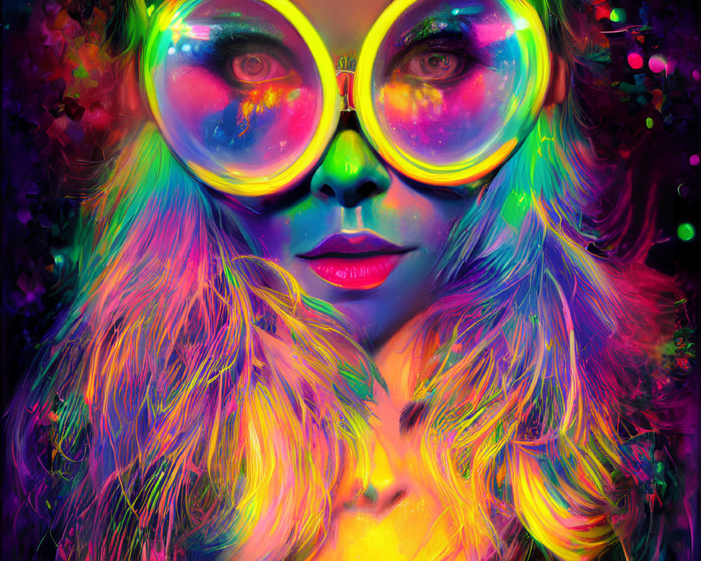 Colorful Neon Portrait with Reflective Glasses on Speckled Background