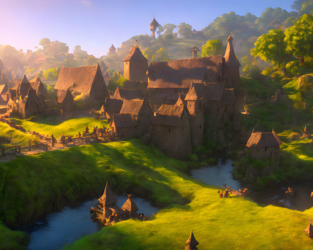 Medieval village with thatched-roof cottages, stone castle, river, and lush greenery