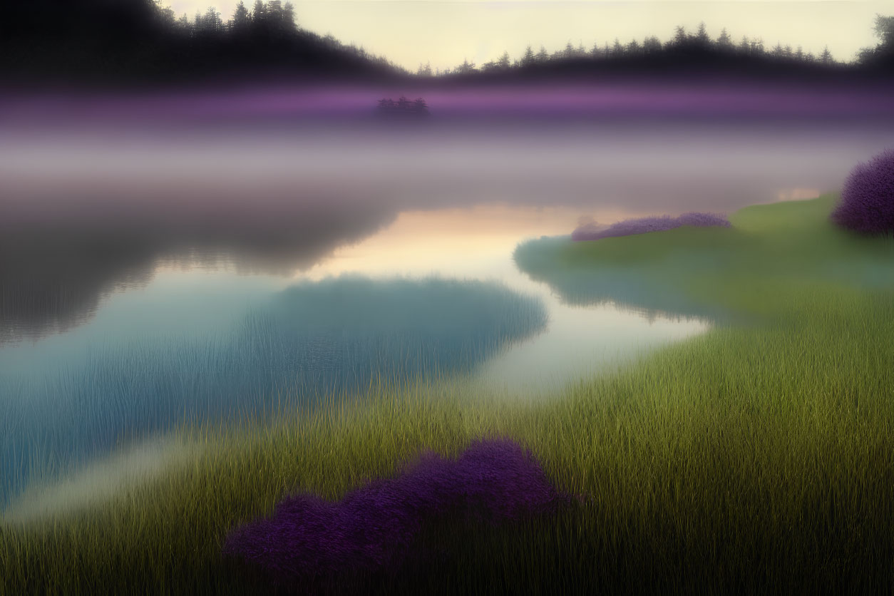 Serene Dawn Scene: Purple Fog, Mirrored Lake, Greenery, Purple Flowers