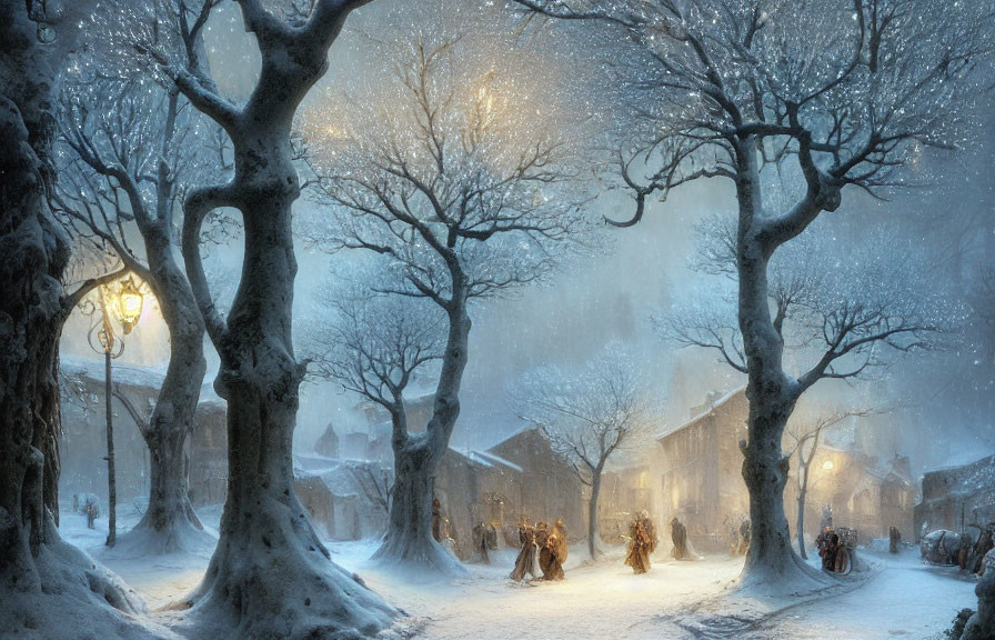 Snow-covered trees, glowing streetlamp, and people walking in a winter village scene