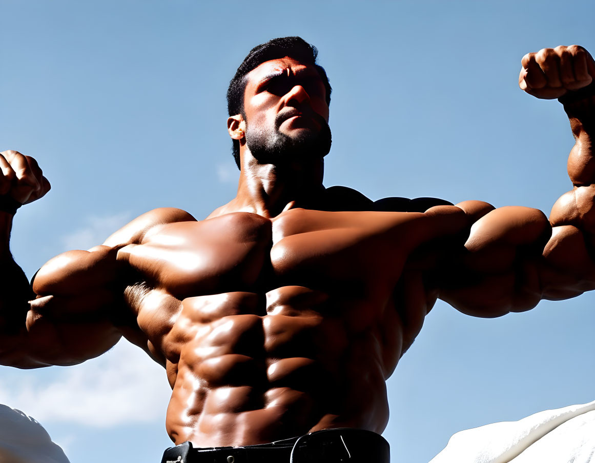 Strong man showcasing muscles under blue sky.