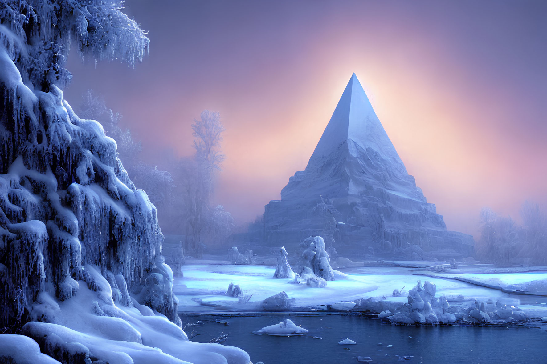 Snowy Landscape with Mystical Pyramid and Ice-Covered Trees