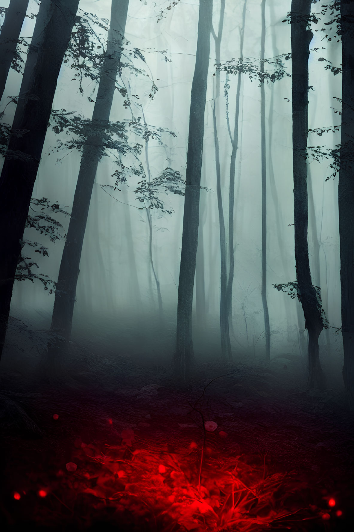 Misty forest with tall trees and mysterious red glow