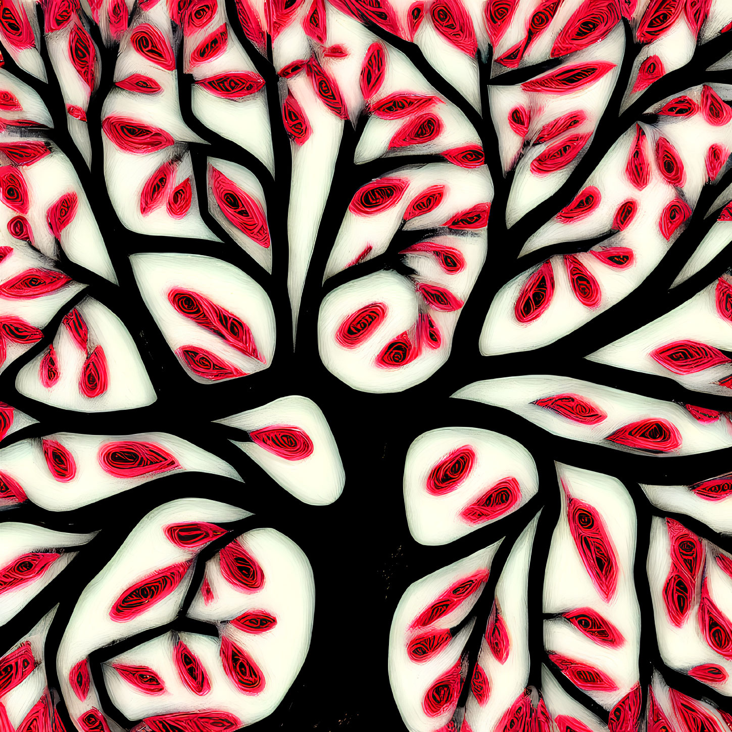 Abstract Red and White Leaf Patterns on Black Background