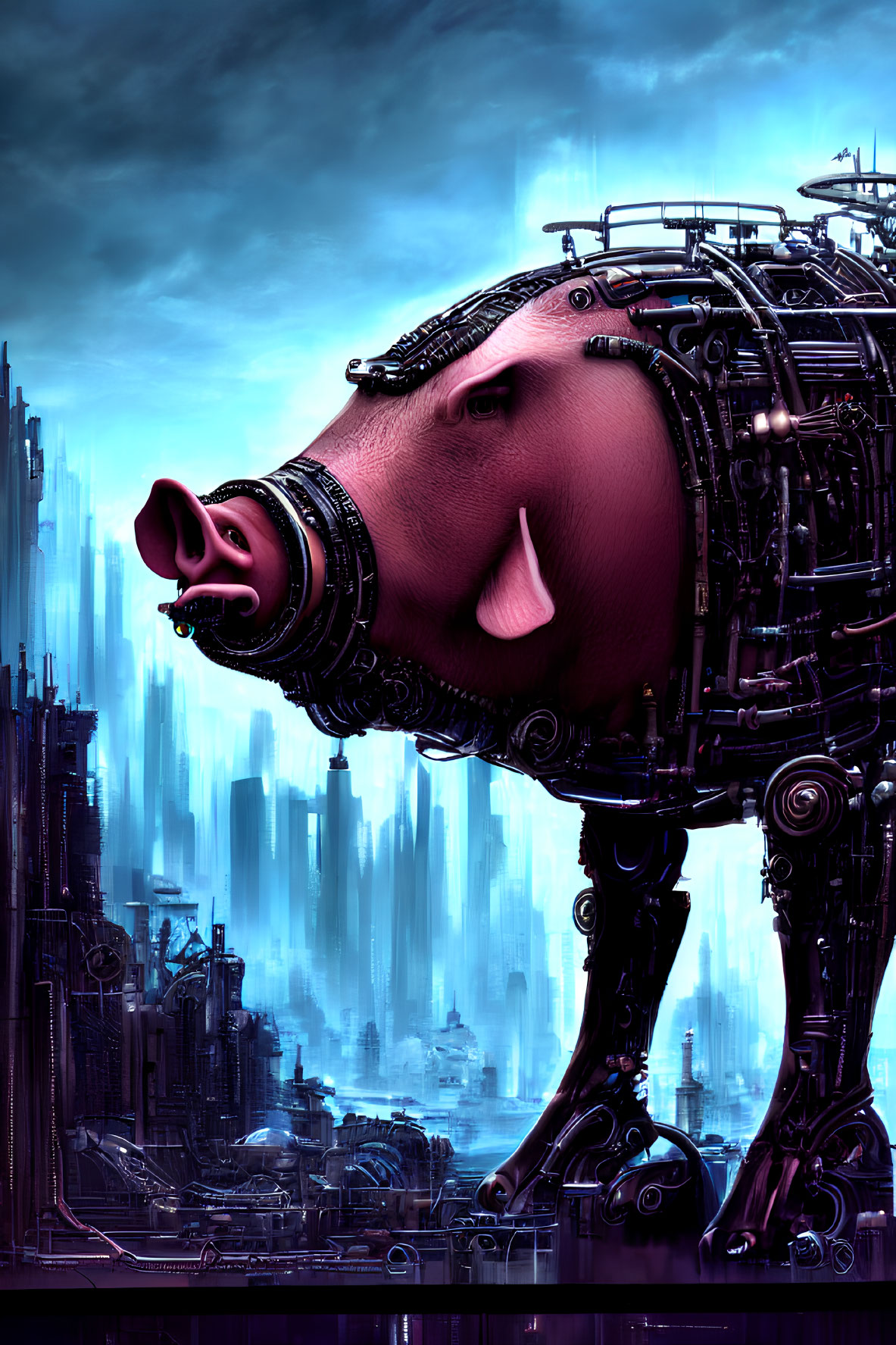 Cybernetic pig with intricate mechanical details in futuristic cityscape