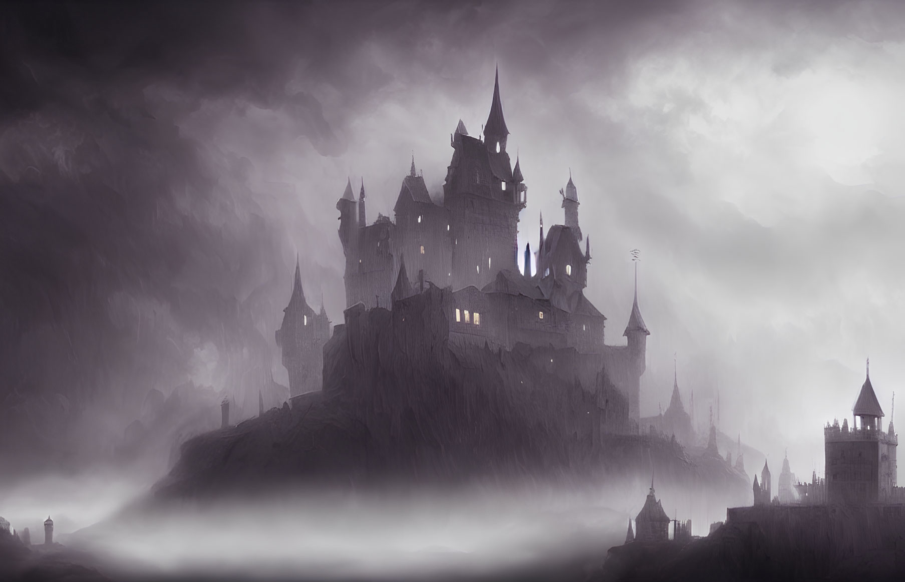 Misty monochromatic scene with gothic castle on hill in foggy setting