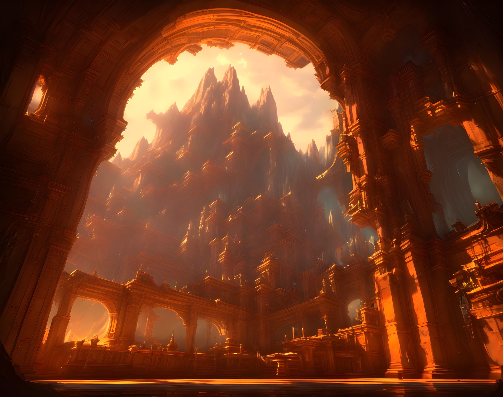 Ethereal fantasy landscape with glowing golden palace