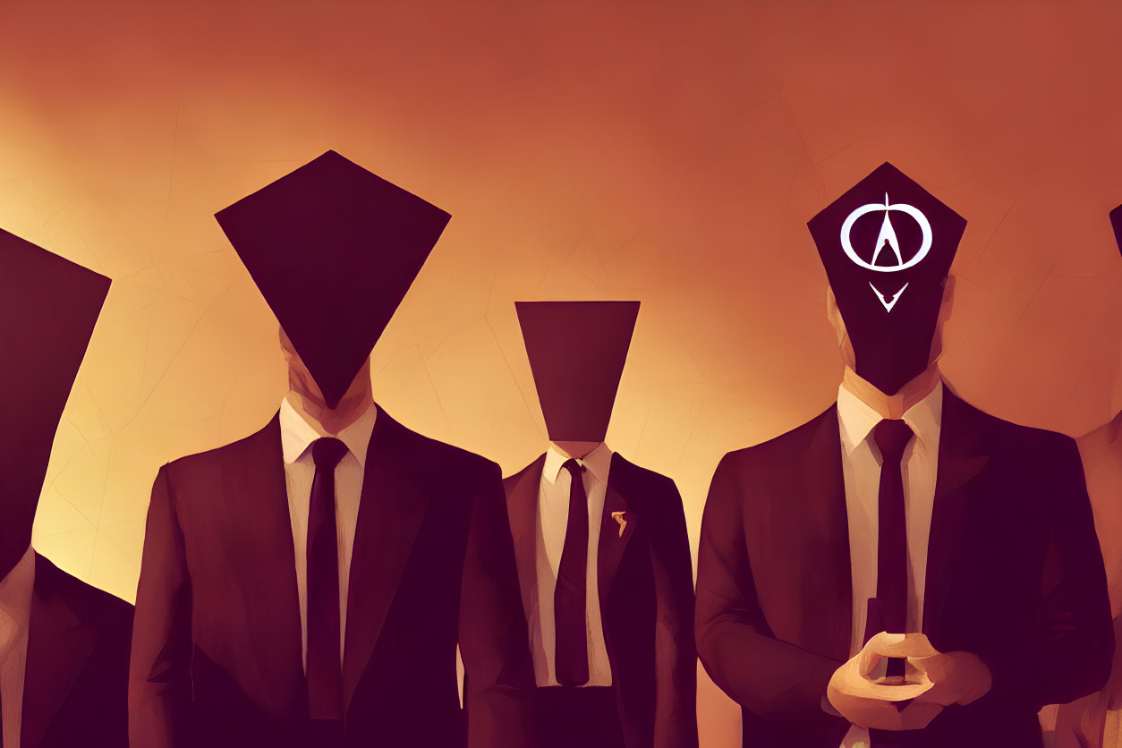 Geometric Head Figures in Suits on Orange Background