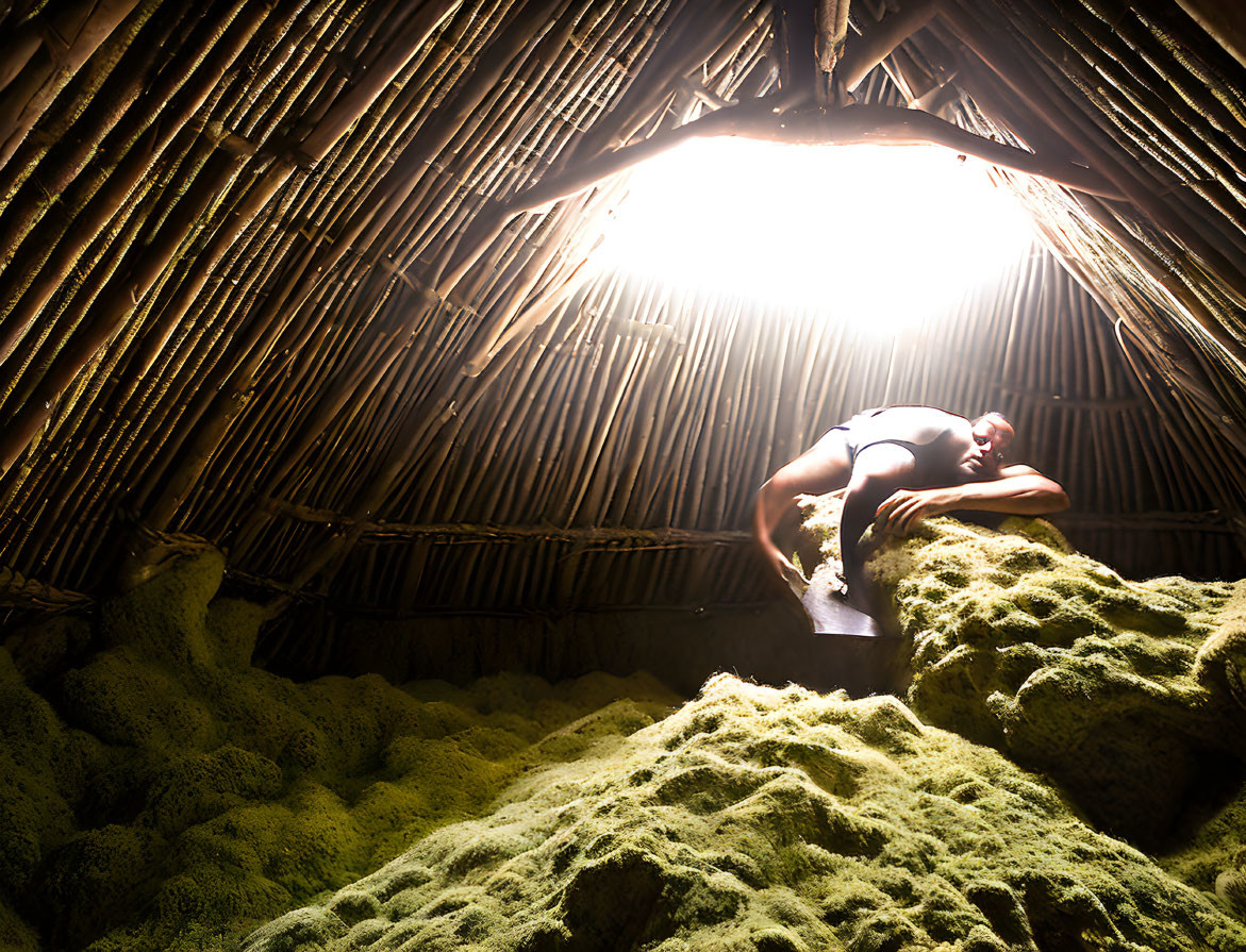 Person relaxing on green nets in bamboo structure with sunlight.