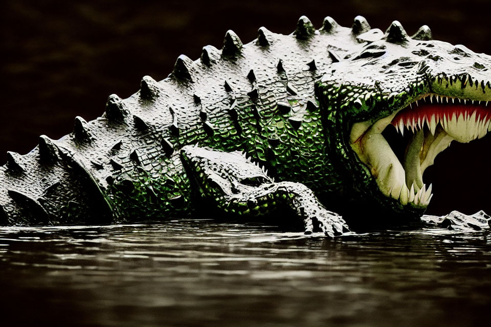 Crocodile head in water with jagged back and sharp teeth