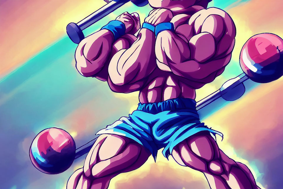 Animated character flexing with barbell and weights in vibrant colors