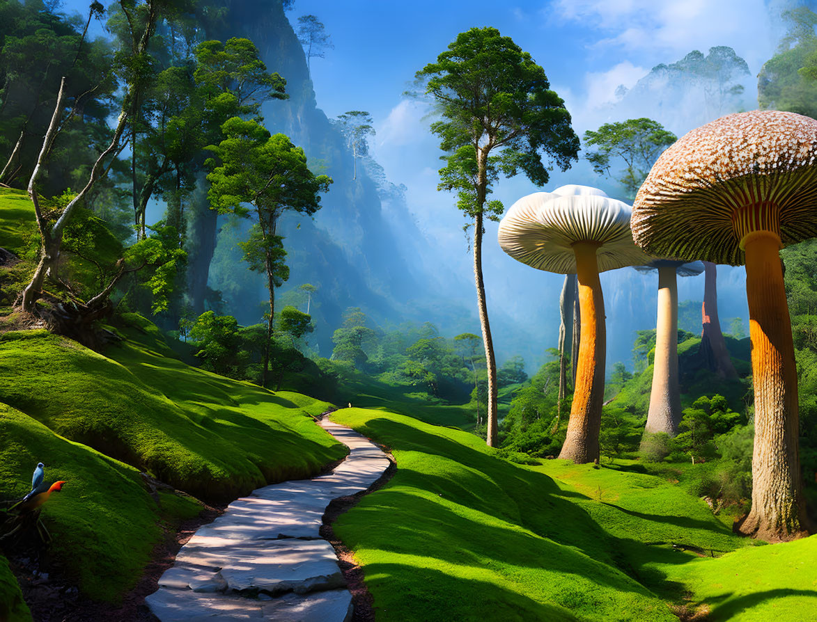 Fantastical landscape with oversized mushrooms, winding path, green hills, misty mountains