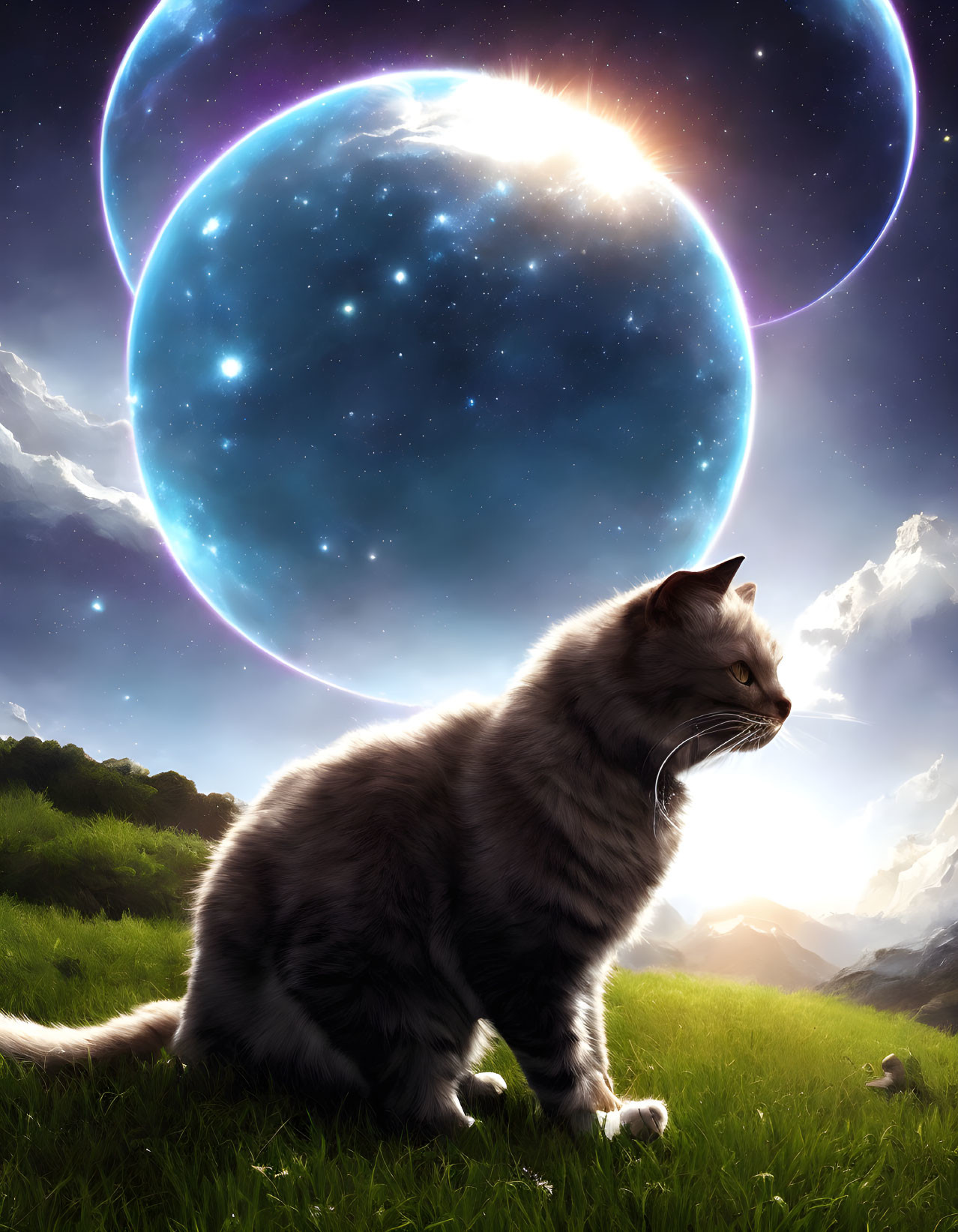 Gray Cat Observing Celestial Bodies in Surreal Sky