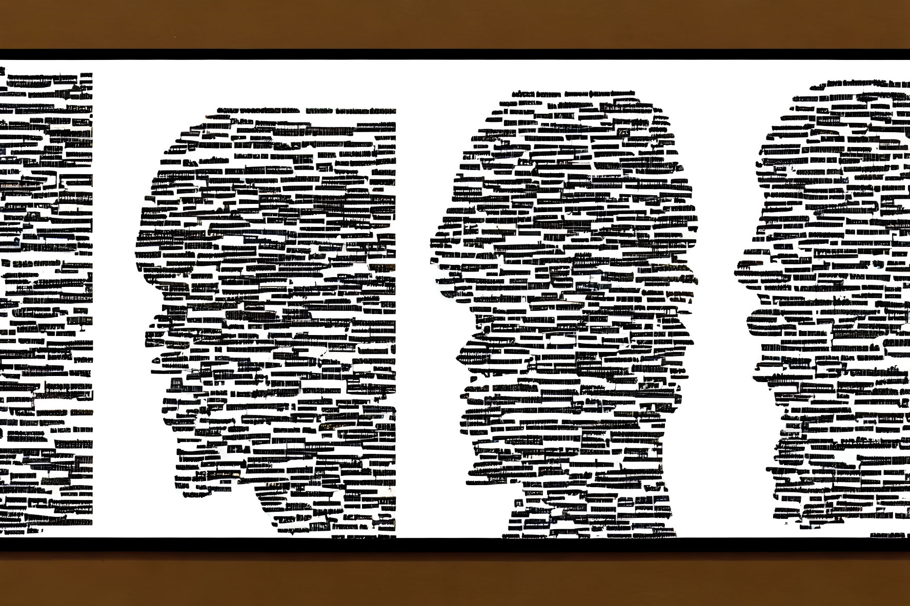 Three jumbled text silhouettes on brown background symbolizing communication or identity.