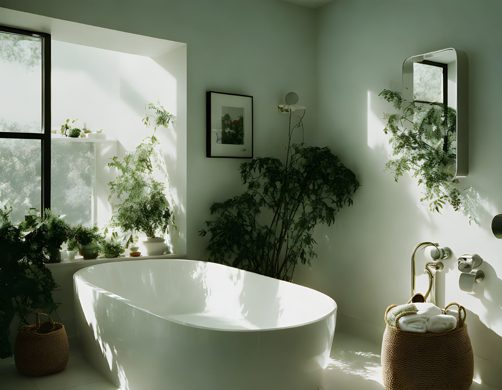 Tranquil bathroom with green plants, freestanding tub, and mirror
