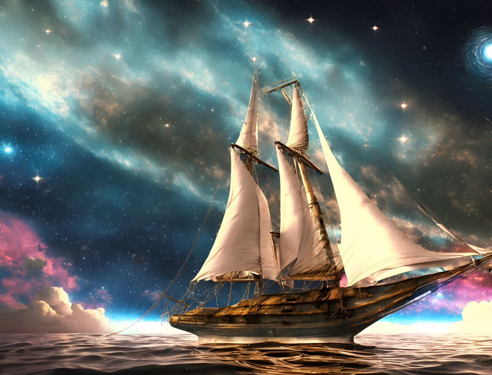 Sailboat sailing on tranquil sea under star-filled sky