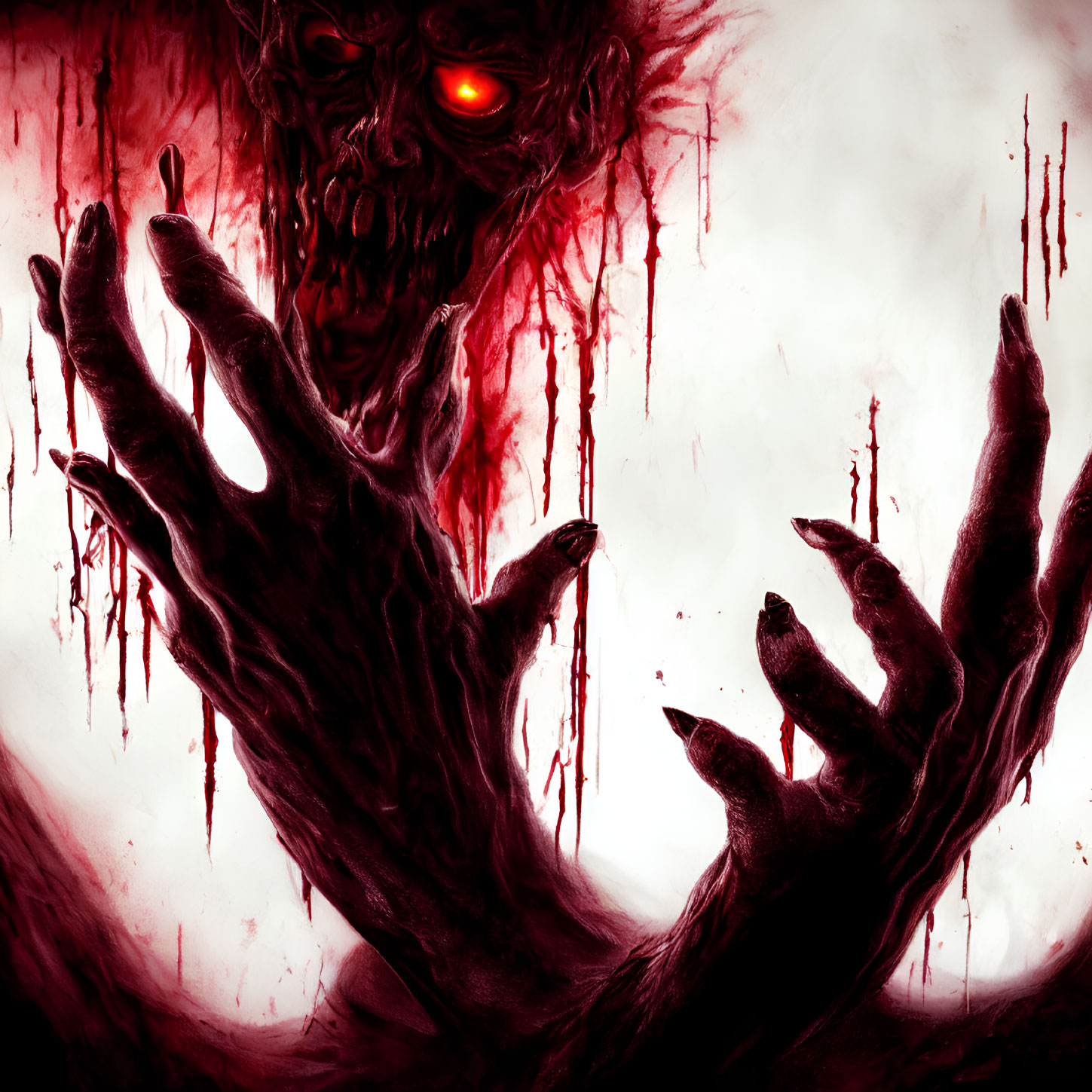 Menacing creature with glowing red eyes on blood-red background