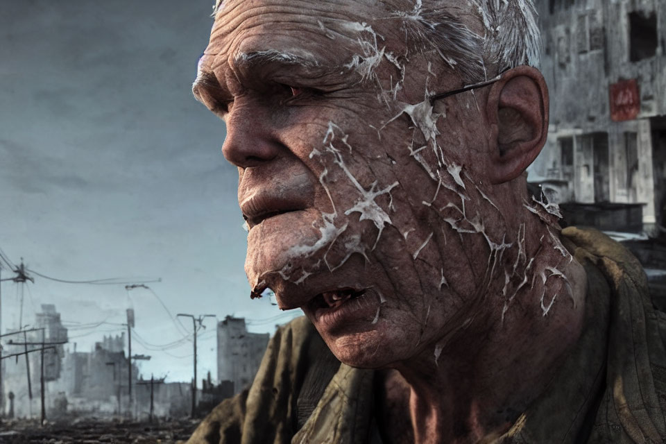 Elderly man with weathered skin in front of war-torn cityscape