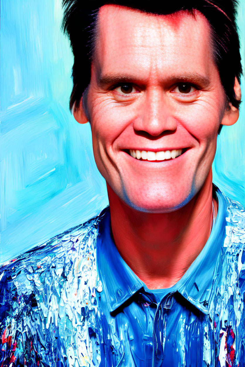 Stylized portrait of a smiling man with prominent cheekbones in blue shirt against textured background