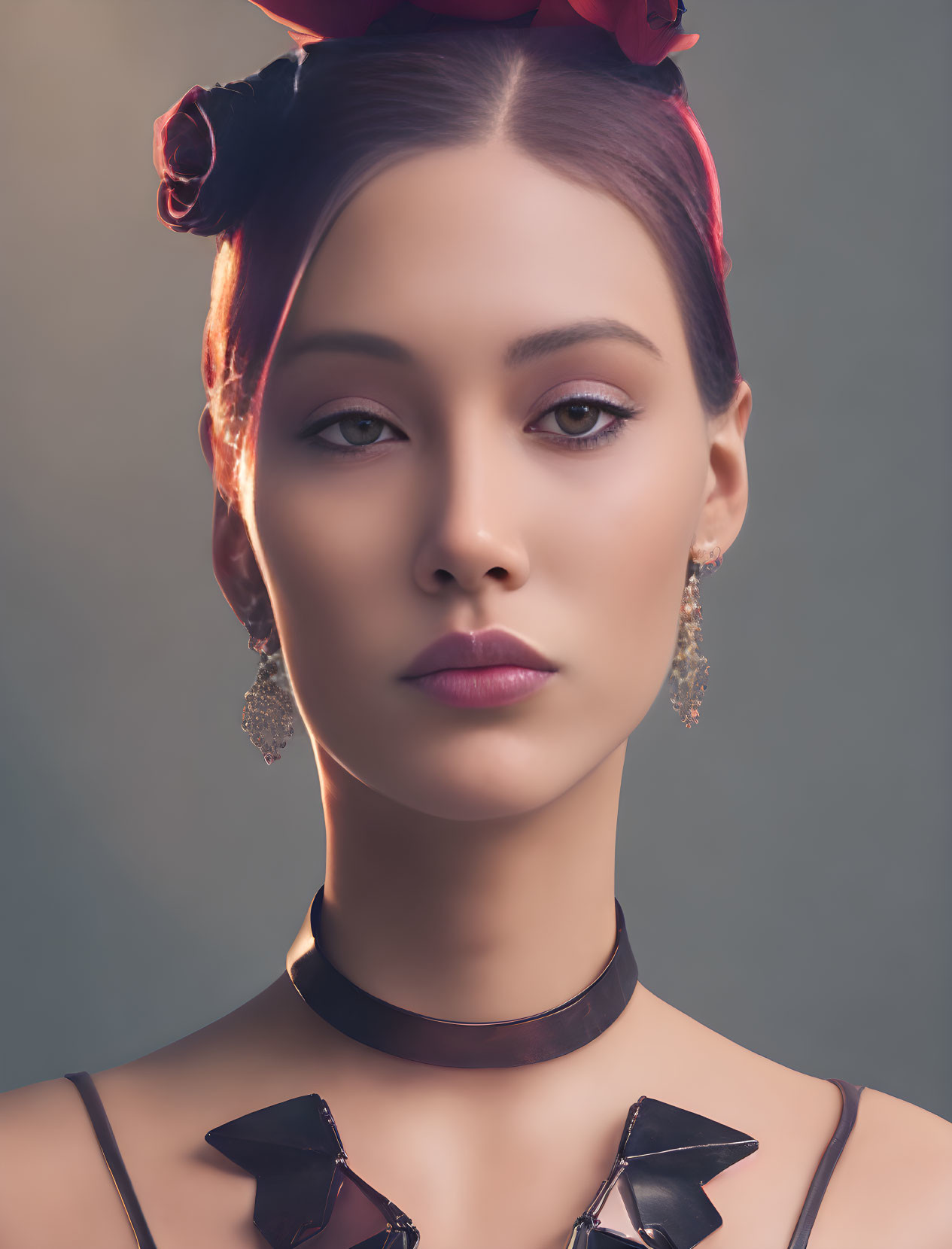 Contemplative woman with floral hairpiece and elegant jewelry on neutral background