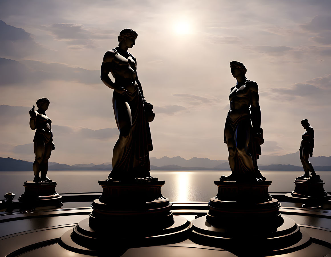 Classical statues silhouettes against scenic lake and mountains at sunset