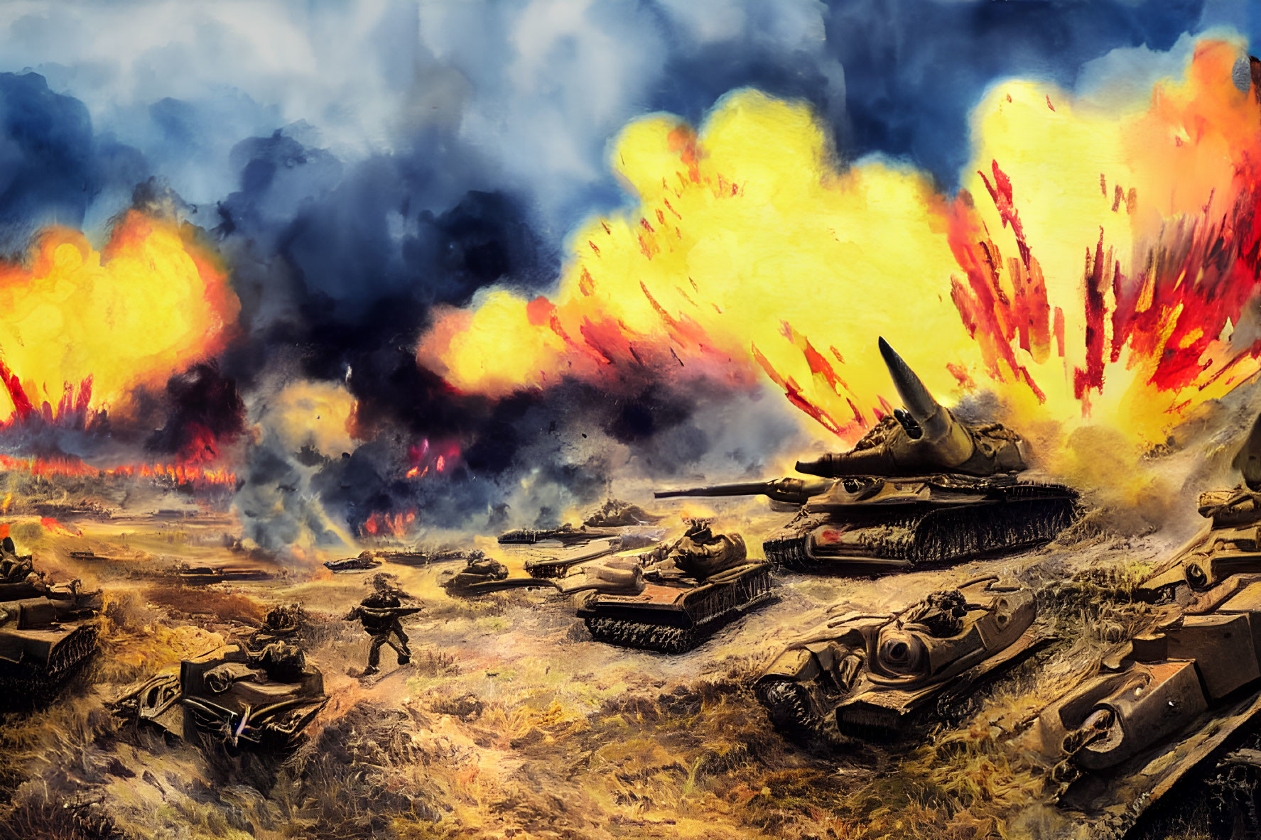 Dramatic WWII battle scene with explosions, soldiers, and tanks