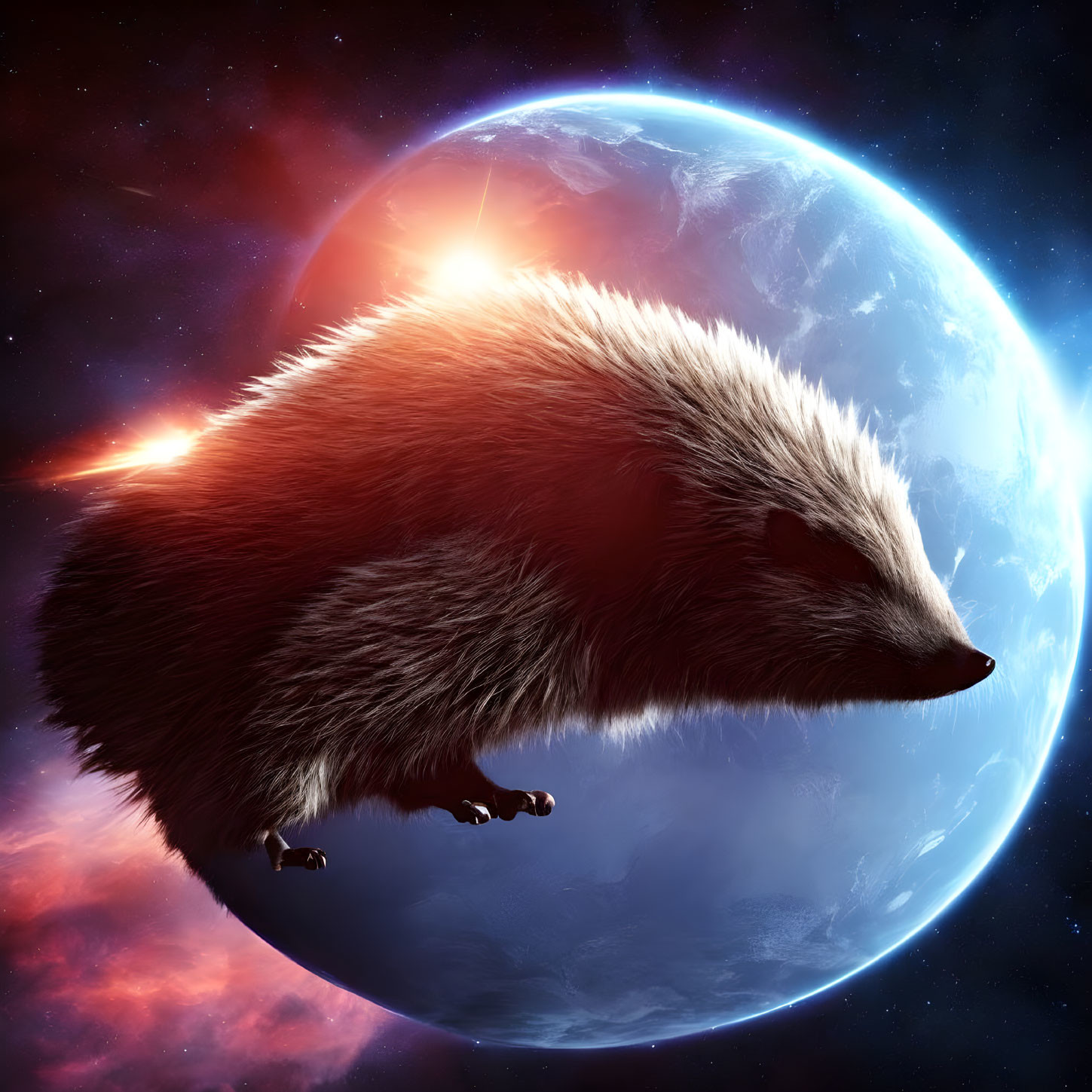 Hedgehog floating in space with Earth and sun in cosmic scene