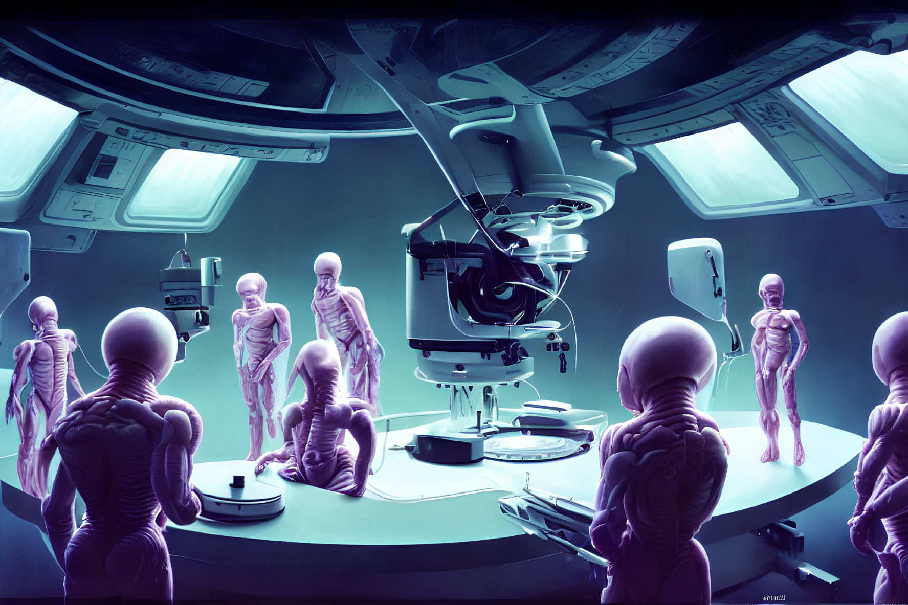 Alien figures in high-tech medical room with advanced equipment