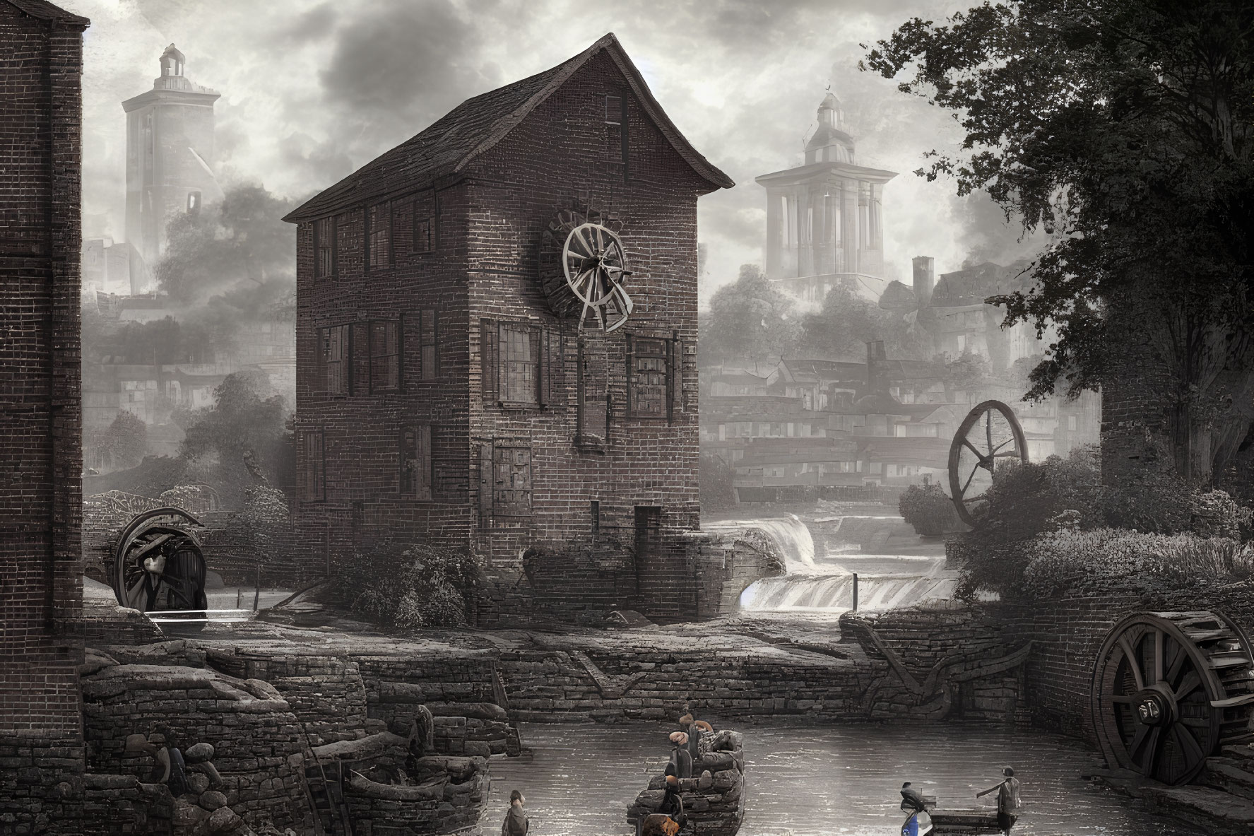 Historical watermill scene with workers and foggy architecture