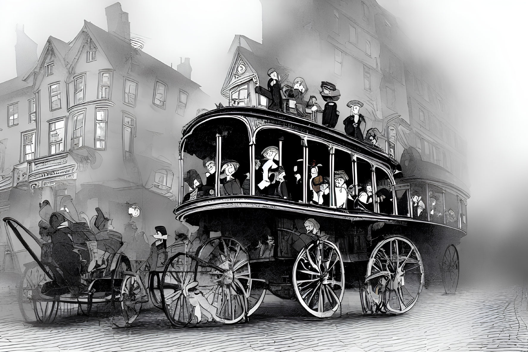 Vintage Horse-Drawn Double-Decker Bus in Foggy Old Town Street