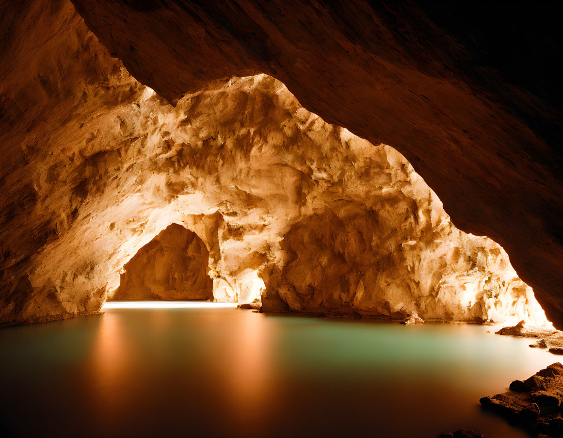 Illuminated Cave with Smooth Walls and Turquoise Water