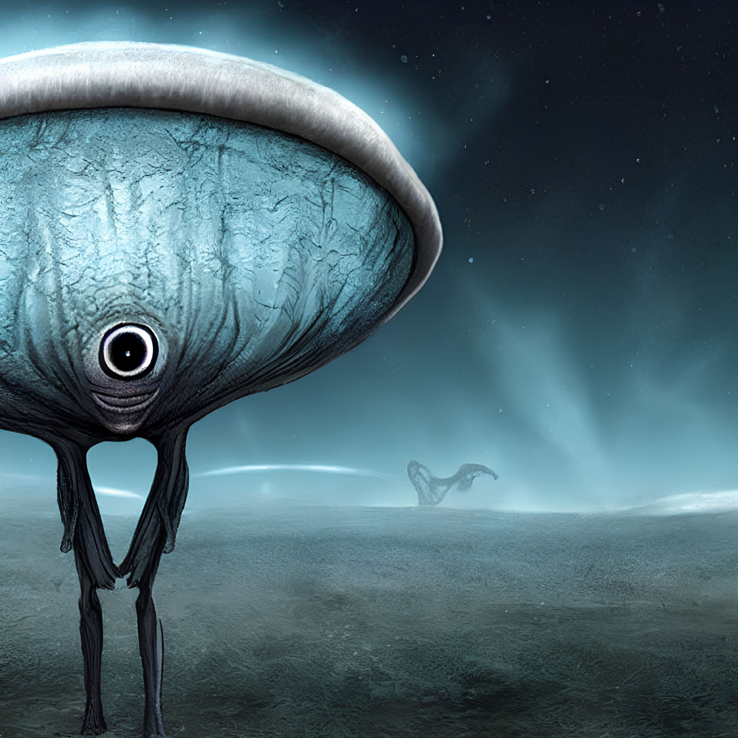 Surreal alien landscape with large one-eyed creature and mushroom cap