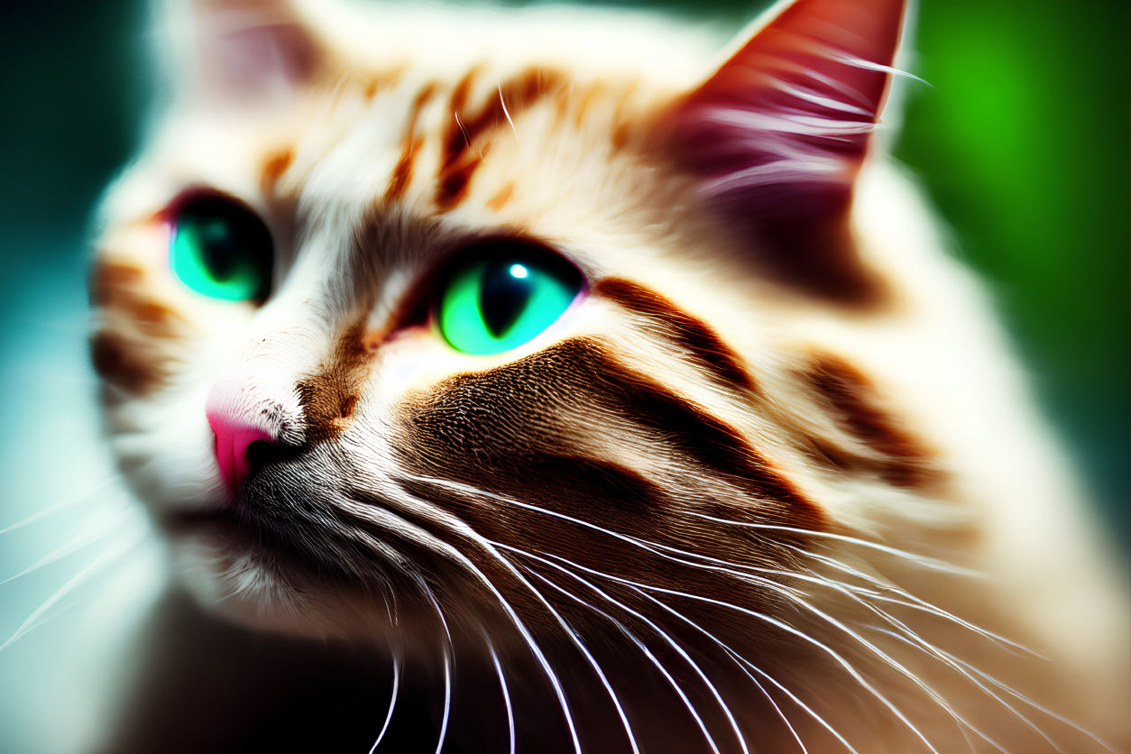 Tabby Cat with Green Eyes and Pink Nose on Green Background