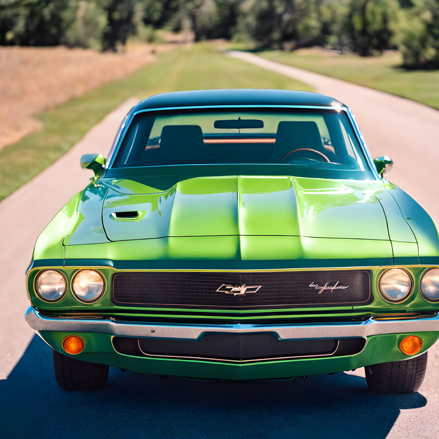 Shiny green classic muscle car with aggressive grille and round headlights