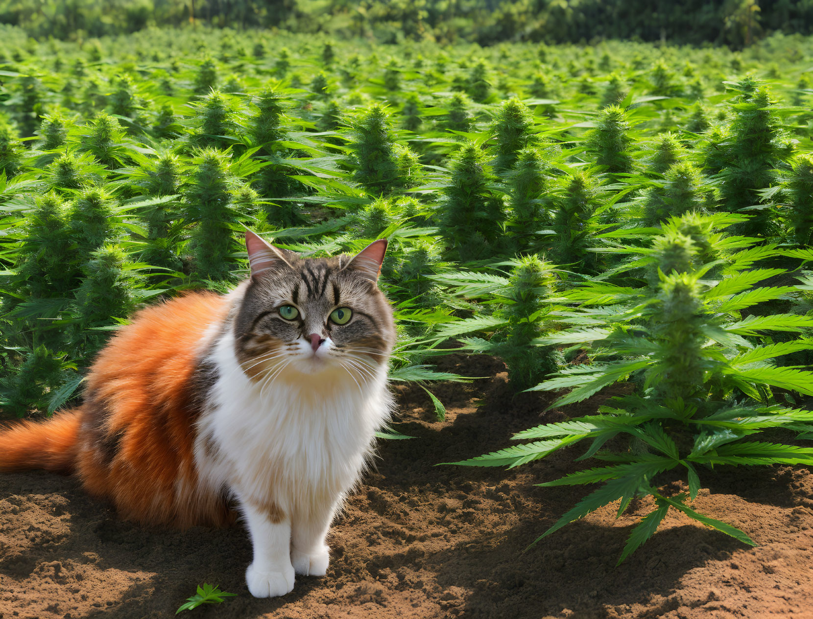 Fluffy Orange and White Cat in Front of Cannabis Plants