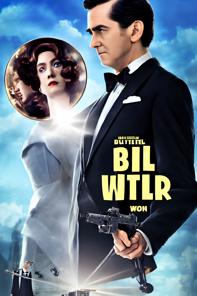 Stylized poster with man in tuxedo holding pistol and woman's face inset