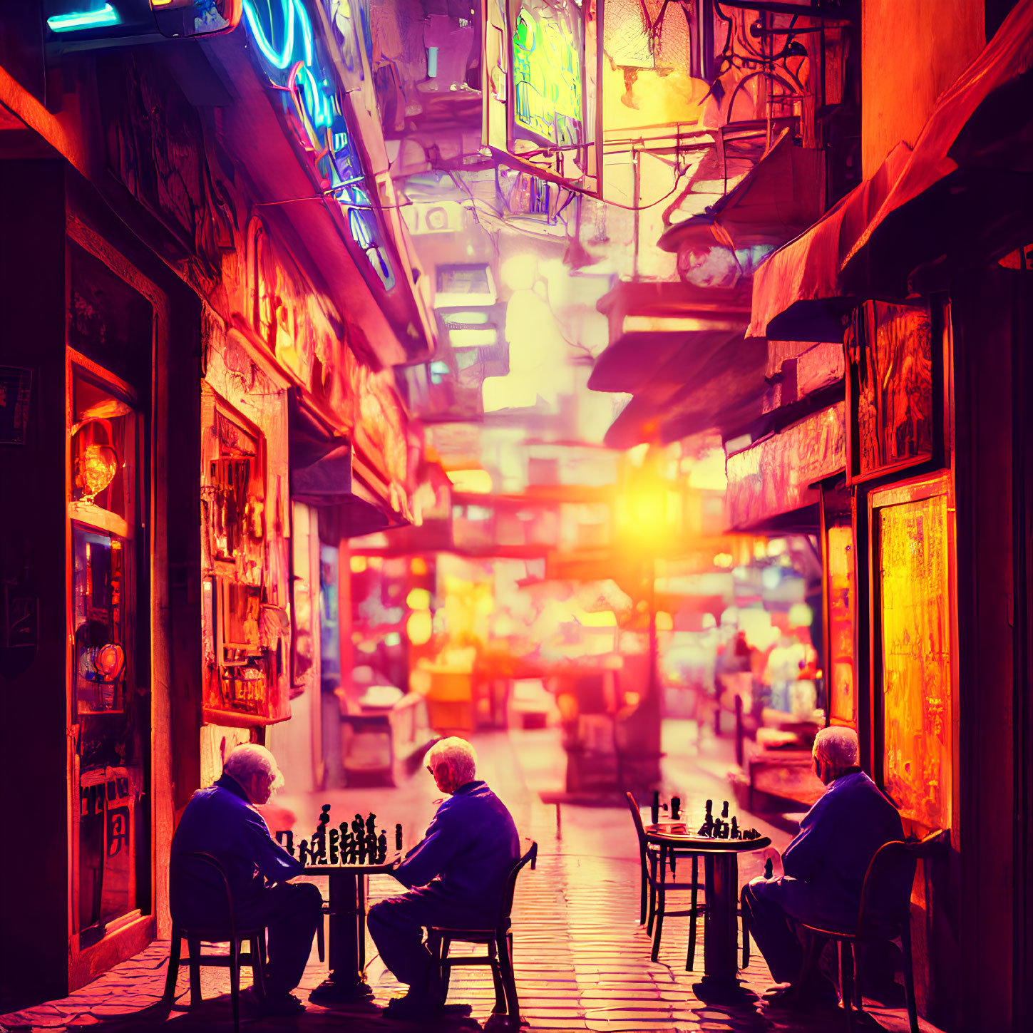 Two people playing chess in neon-lit alleyway at dusk