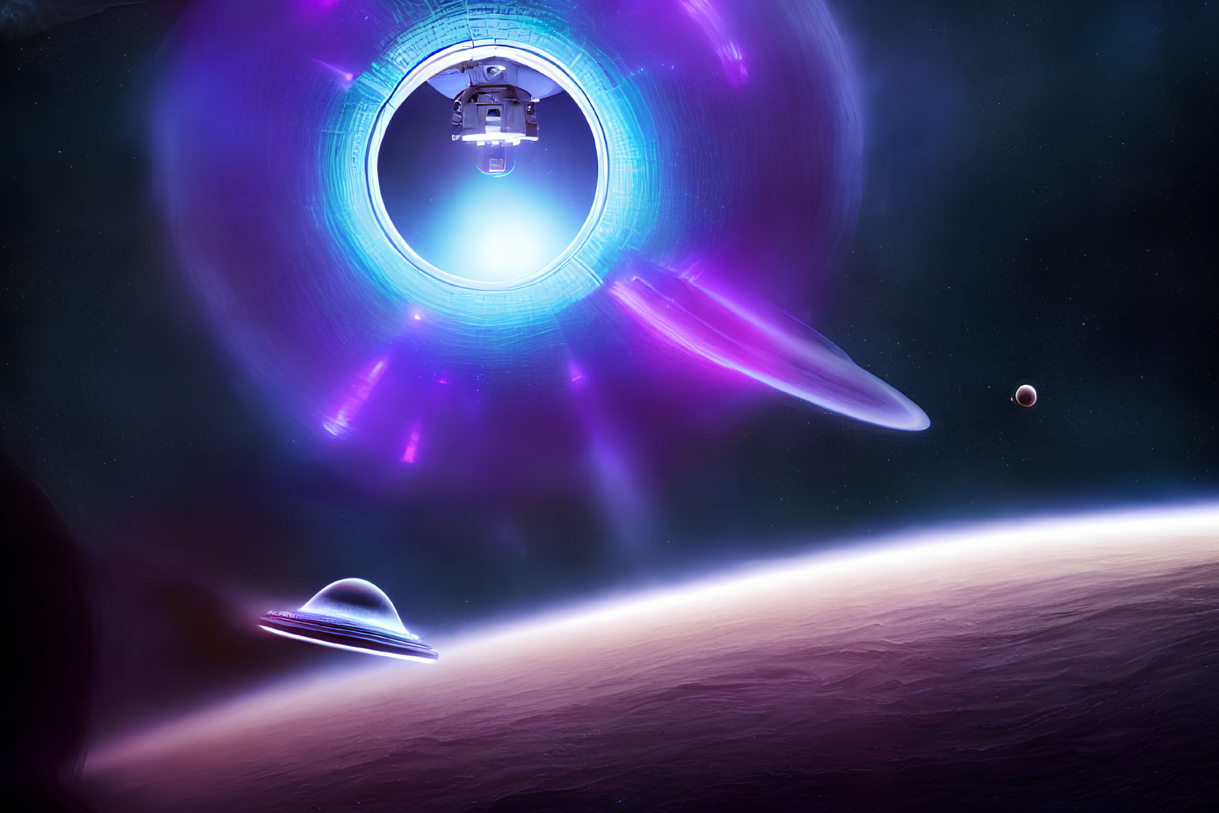 Sci-fi scene: Two UFOs, spacecraft, illuminated portal, planet surface.